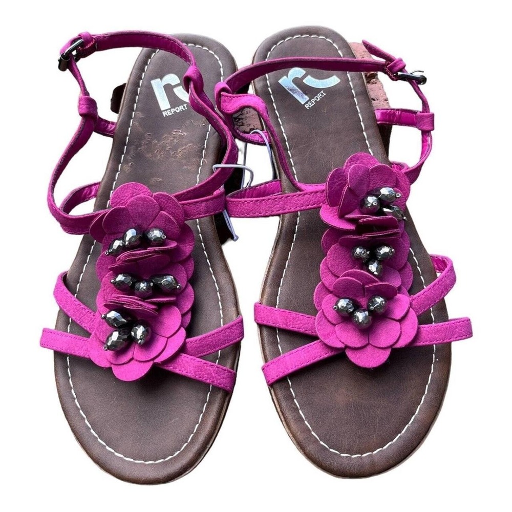 Strappy Pink Fuscia Flat Sandals Flower Decor Silver Accent Womens 7.5 M.